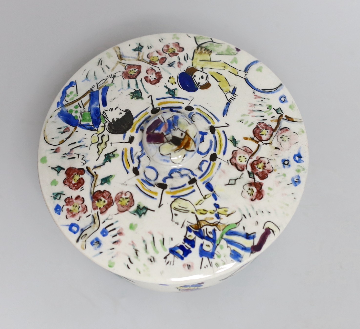 Jessie Marion King (1875-1949). A porridge bowl and cover, decorated with children playing, 9cm